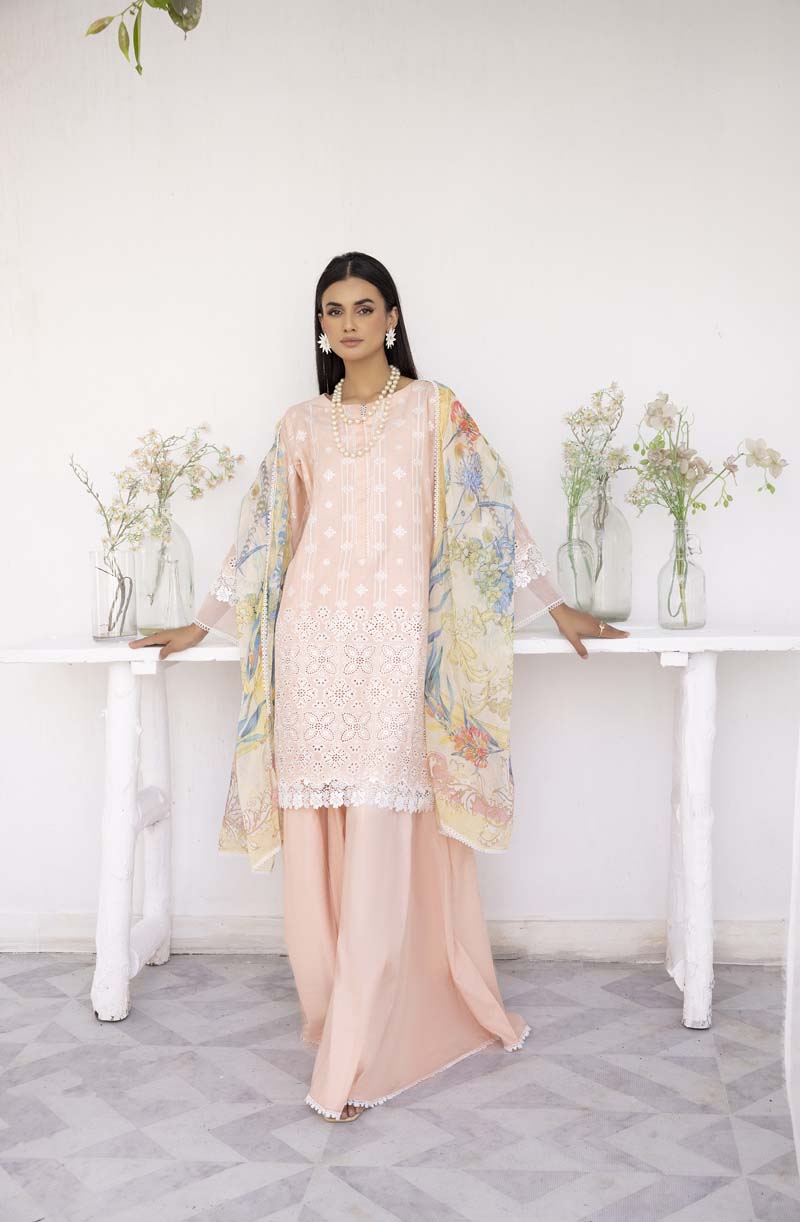 Image Chikan Kari Luxe 3 Piece Cotton Summer Sharara Outfit Peach - Desi Posh
