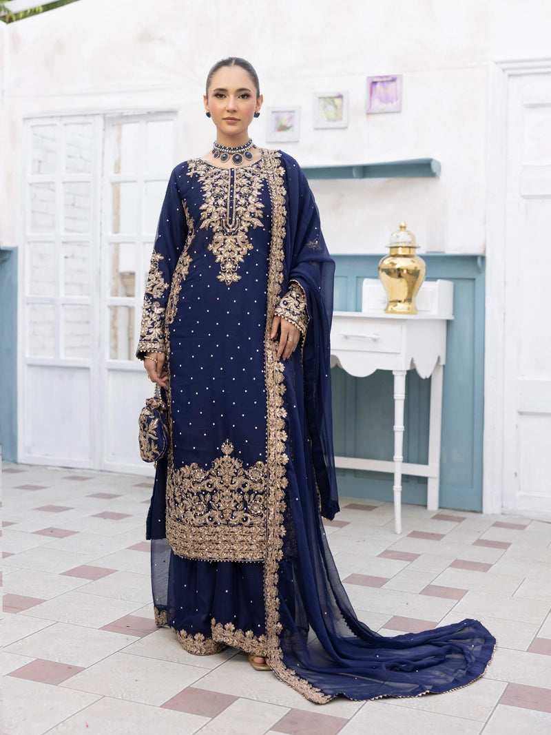 Aliyah Wedding Collection Ladies Chiffon Sharara Navy Blue Oufit