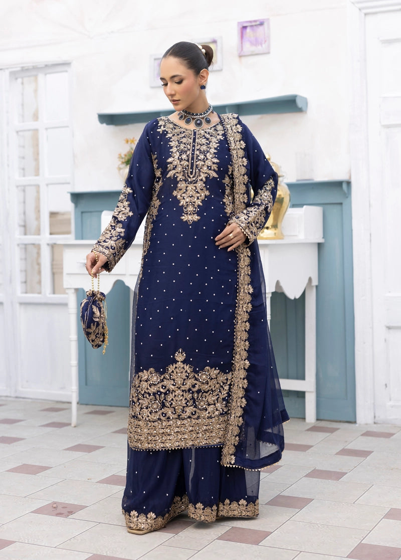 Aliyah Wedding Collection Ladies Chiffon Sharara Navy Blue Oufit