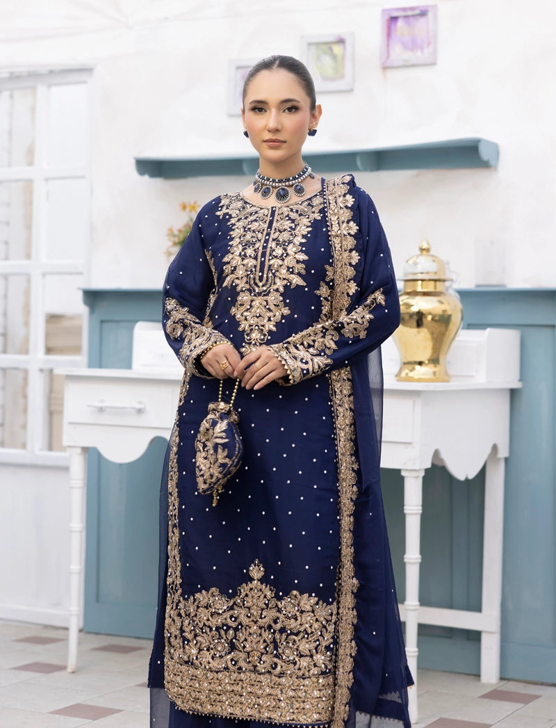 Aliyah Wedding Collection Ladies Chiffon Sharara Navy Blue Oufit