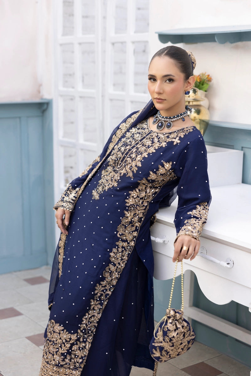 Aliyah Wedding Collection Ladies Chiffon Sharara Navy Blue Oufit