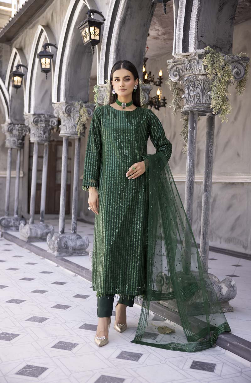 Baroque inspired Green Designer Embroidered 3 Piece Shimmer Outfit - Desi Posh