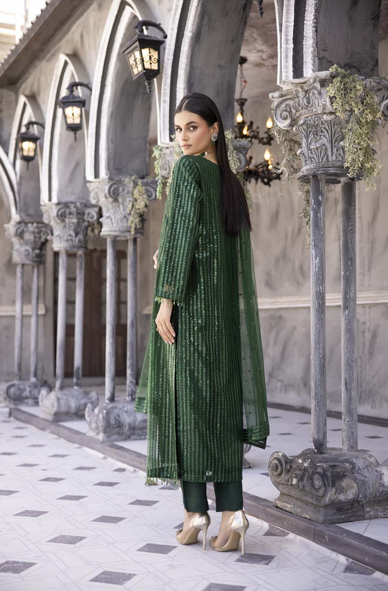 Baroque inspired Green Designer Embroidered 3 Piece Shimmer Outfit - Desi Posh