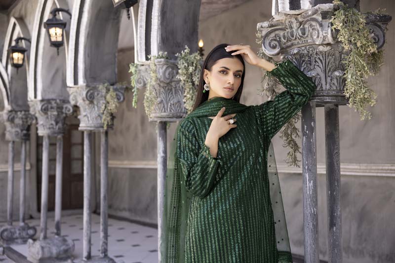 Baroque inspired Green Designer Embroidered 3 Piece Shimmer Outfit - Desi Posh
