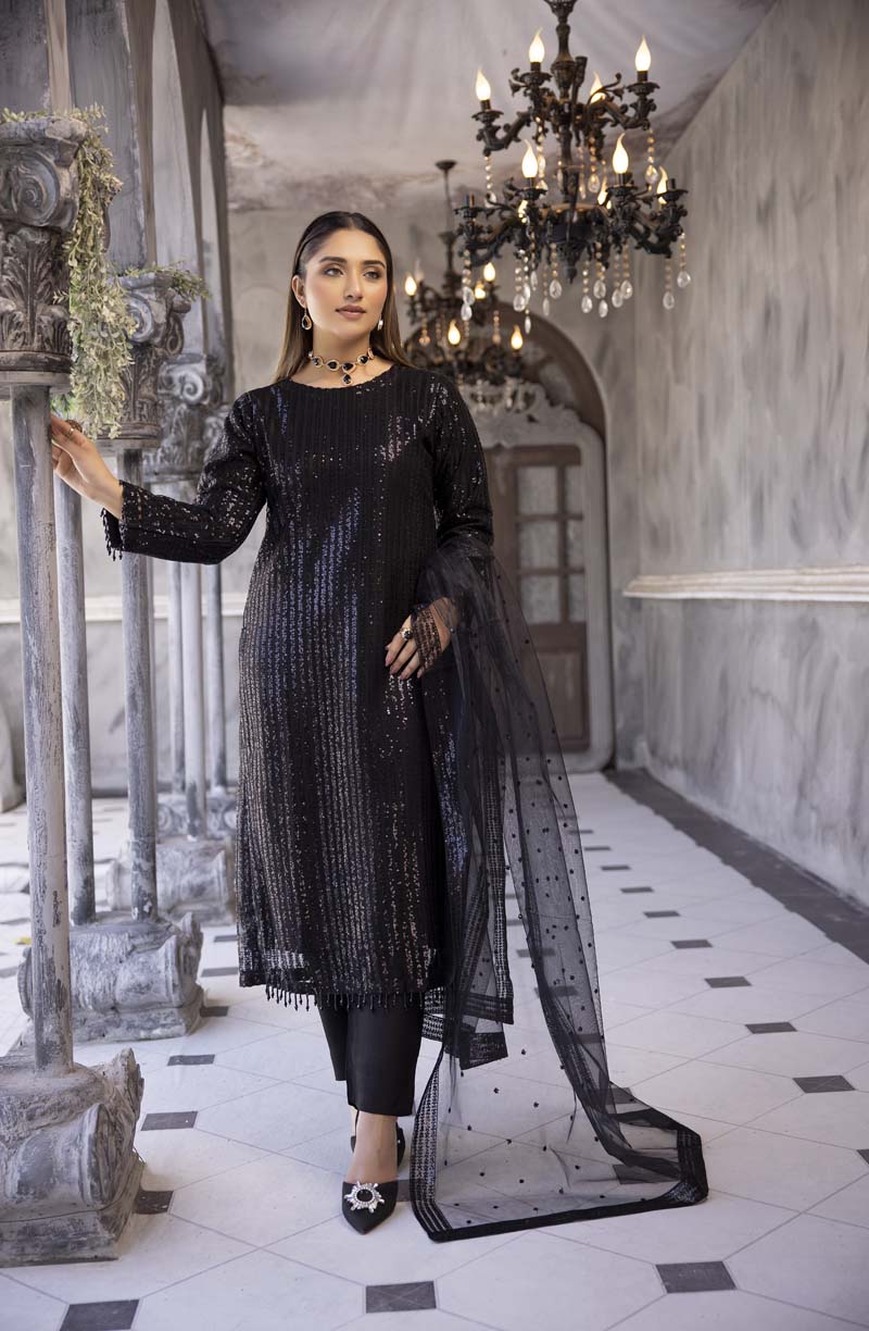 Baroque inspired Black Designer Embroidered 3 Piece Shimmer Outfit - Desi Posh