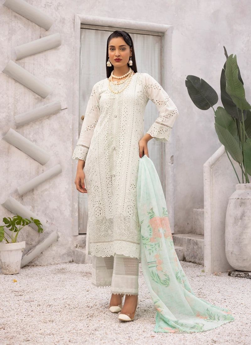 Dania Chikan Kari Luxe 3 Piece Lawn Palazzo Outfit Mint - Desi Posh