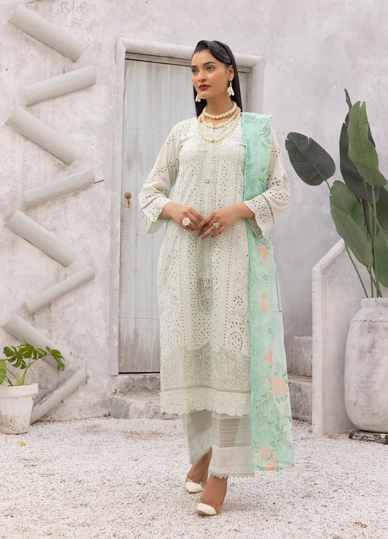 Dania Chikan Kari Luxe 3 Piece Lawn Palazzo Outfit Mint - Desi Posh