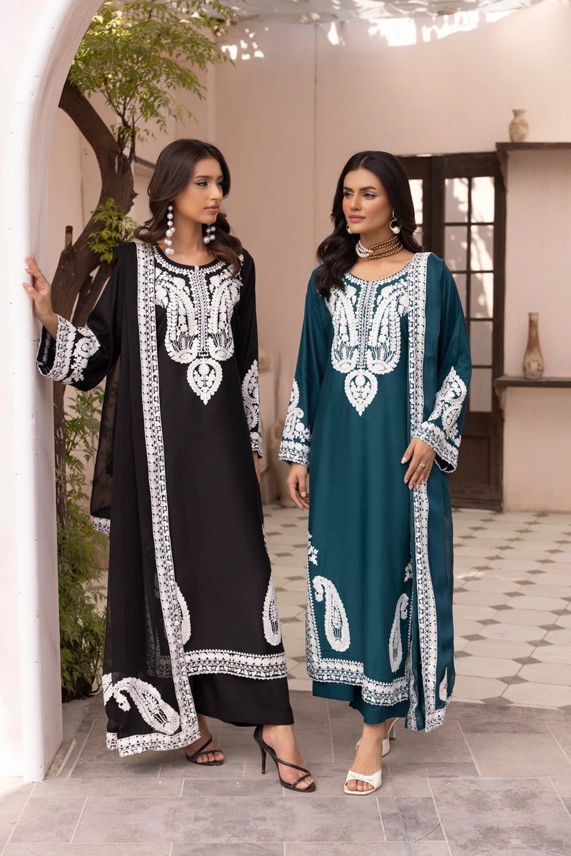 Almila Winter Linen Collection Black 3 Piece Suit With Chiffon Dupatta