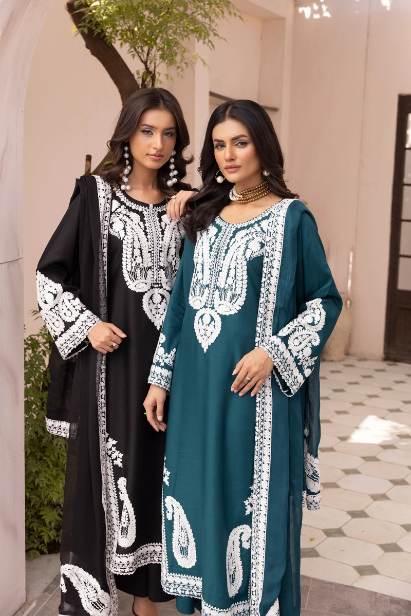 Almila Winter Linen Collection Black 3 Piece Suit With Chiffon Dupatta