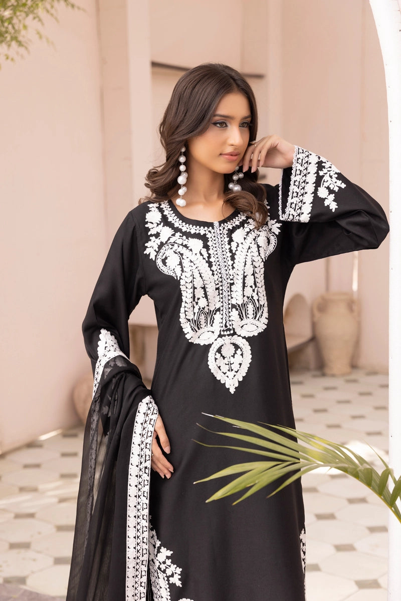 Almila Winter Linen Collection Black 3 Piece Suit With Chiffon Dupatta