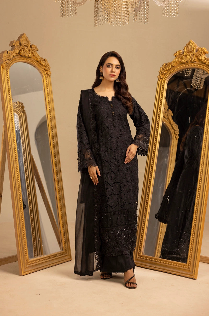 Image Chikan Kari Suit With Palazzo Trousers and Embroidered Chiffon Dupatta Black