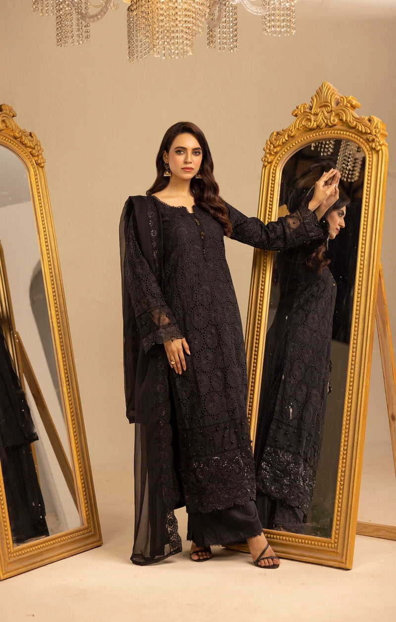 Image Chikan Kari Suit With Palazzo Trousers and Embroidered Chiffon Dupatta Black