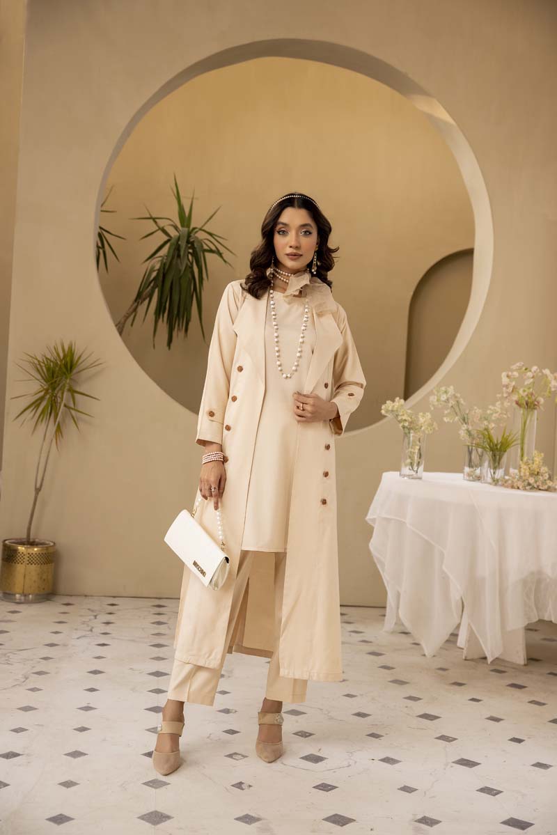 Modest Wear By Simrans 3 Piece Linen Outfit Cream DLC04 - Desi Posh