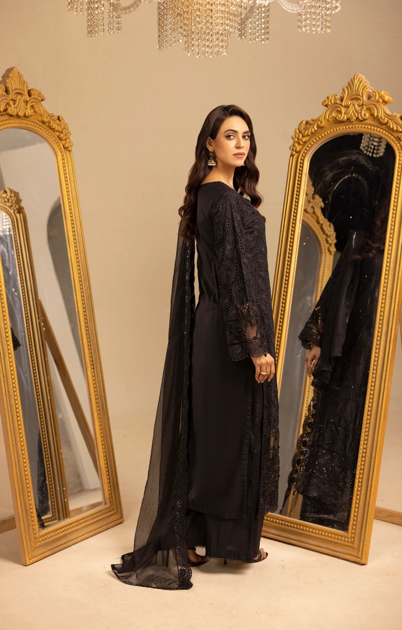 Image Chikan Kari Suit With Palazzo Trousers and Embroidered Chiffon Dupatta Black