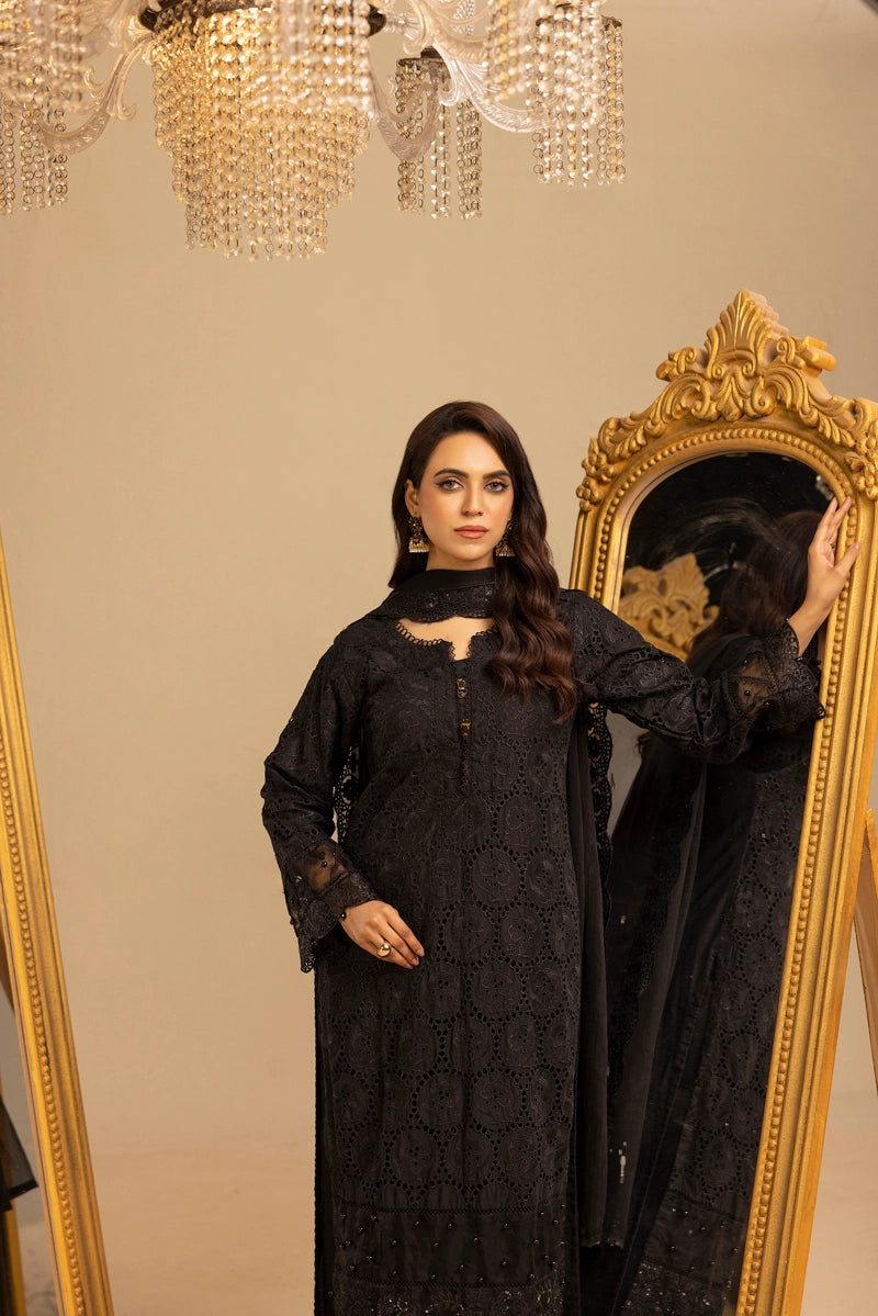 Image Chikan Kari Suit With Palazzo Trousers and Embroidered Chiffon Dupatta Black