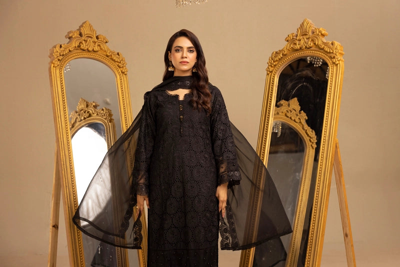 Image Chikan Kari Suit With Palazzo Trousers and Embroidered Chiffon Dupatta Black
