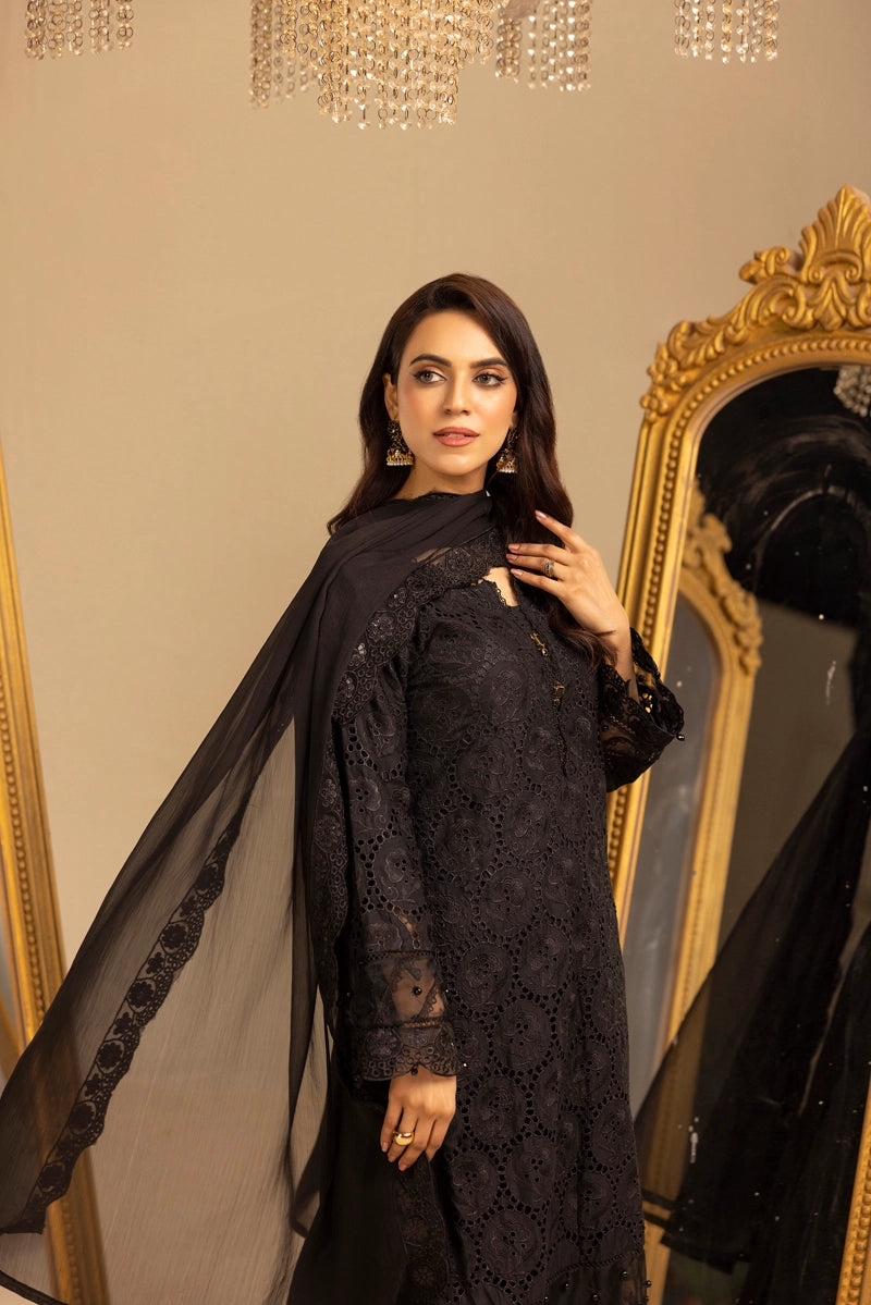 Image Chikan Kari Suit With Palazzo Trousers and Embroidered Chiffon Dupatta Black