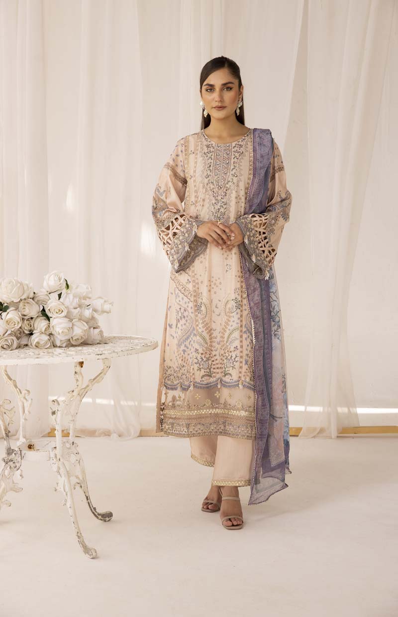 Maria B Inspired Embroidered Silk Lawn Outfit With Chiffon Dupatta 2423 - Desi Posh