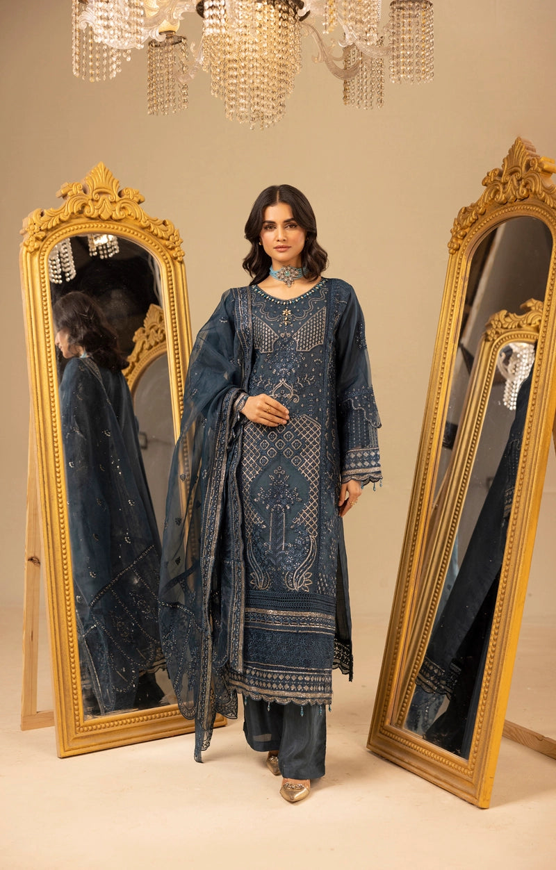 Qalamkar Premium Inspired Embroidered 3 Piece Organza Wedding Outfit Teal - Desi Posh