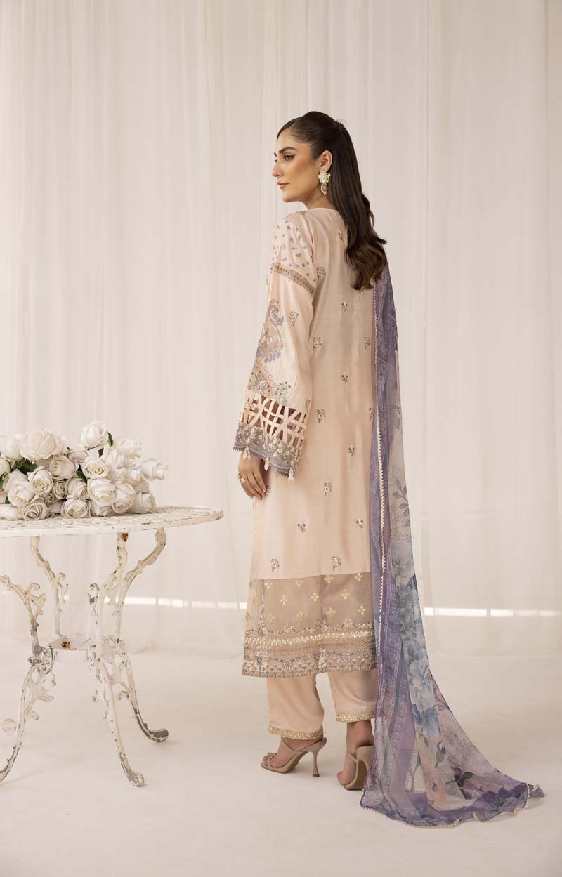 Maria B Inspired Embroidered Silk Lawn Outfit With Chiffon Dupatta 2423 - Desi Posh