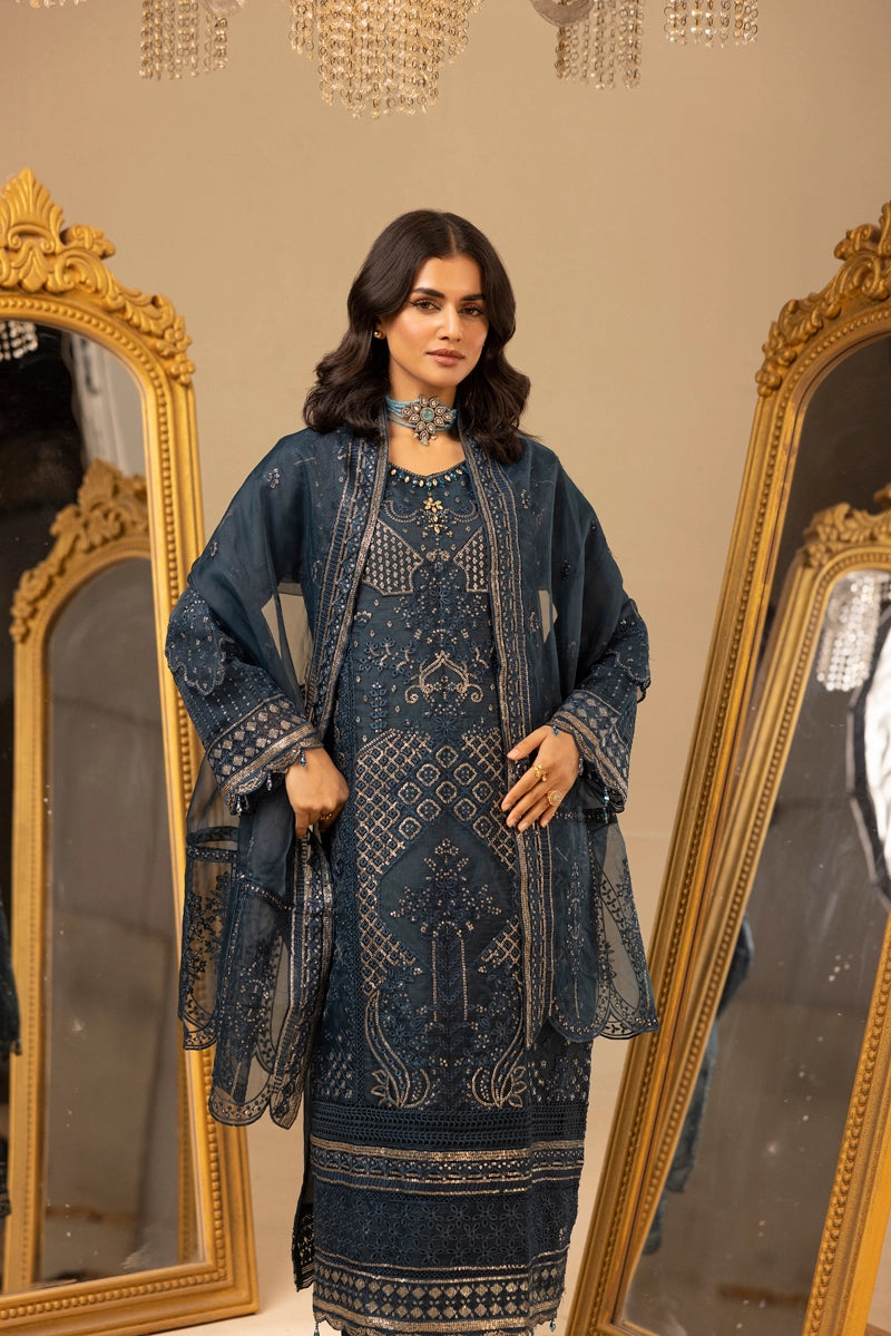 Qalamkar Premium Inspired Embroidered 3 Piece Organza Wedding Outfit Teal - Desi Posh