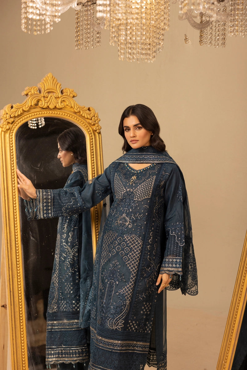 Qalamkar Premium Inspired Embroidered 3 Piece Organza Wedding Outfit Teal - Desi Posh