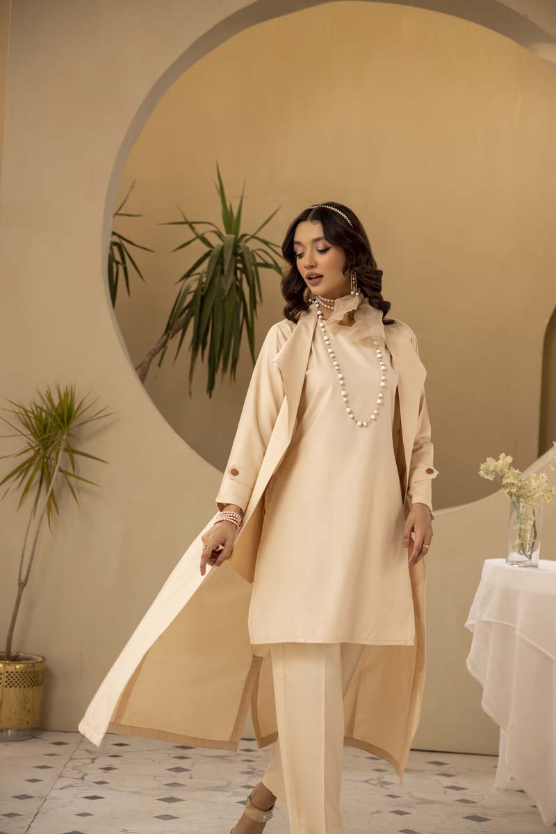 Modest Wear By Simrans 3 Piece Linen Outfit Cream DLC04 - Desi Posh