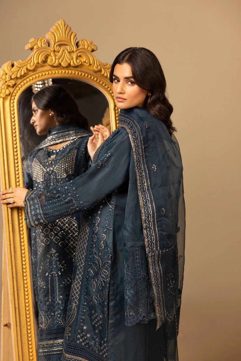 Qalamkar Premium Inspired Embroidered 3 Piece Organza Wedding Outfit Teal - Desi Posh