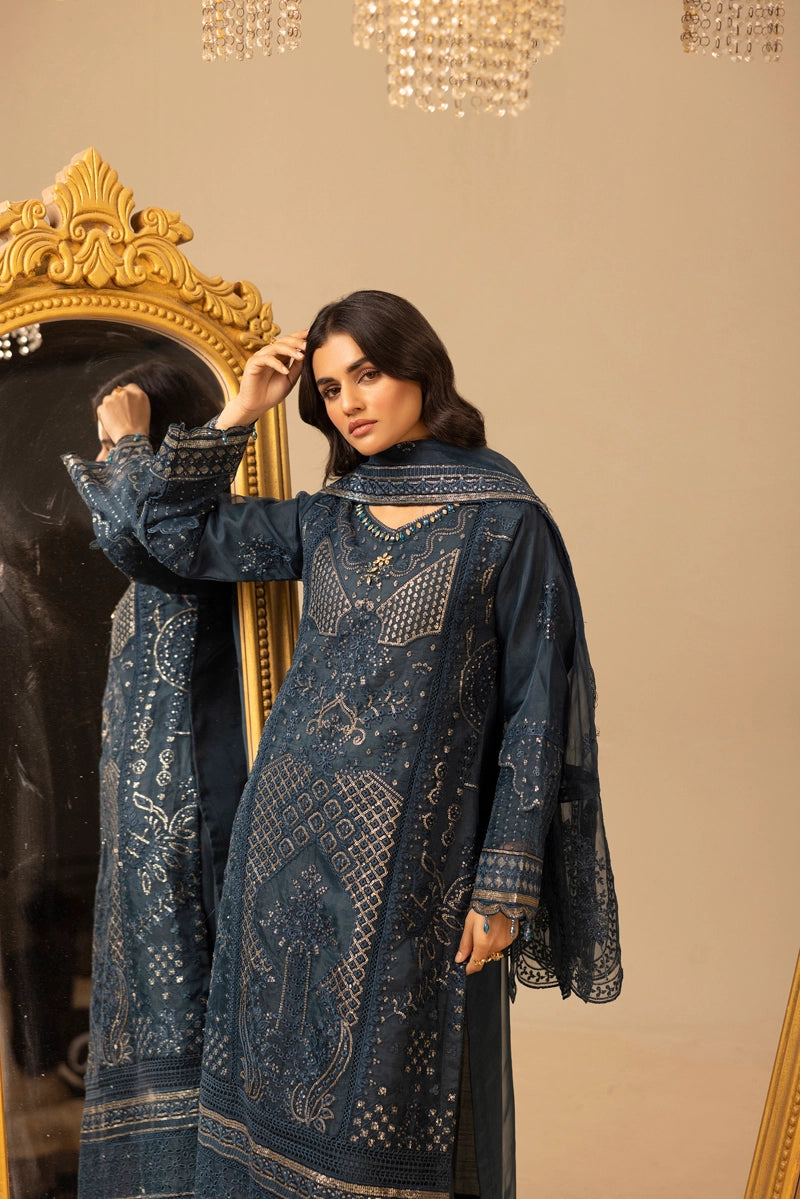 Qalamkar Premium Inspired Embroidered 3 Piece Organza Wedding Outfit Teal - Desi Posh