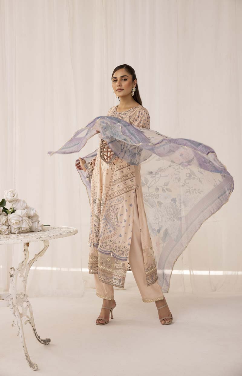 Maria B Inspired Embroidered Silk Lawn Outfit With Chiffon Dupatta 2423 - Desi Posh