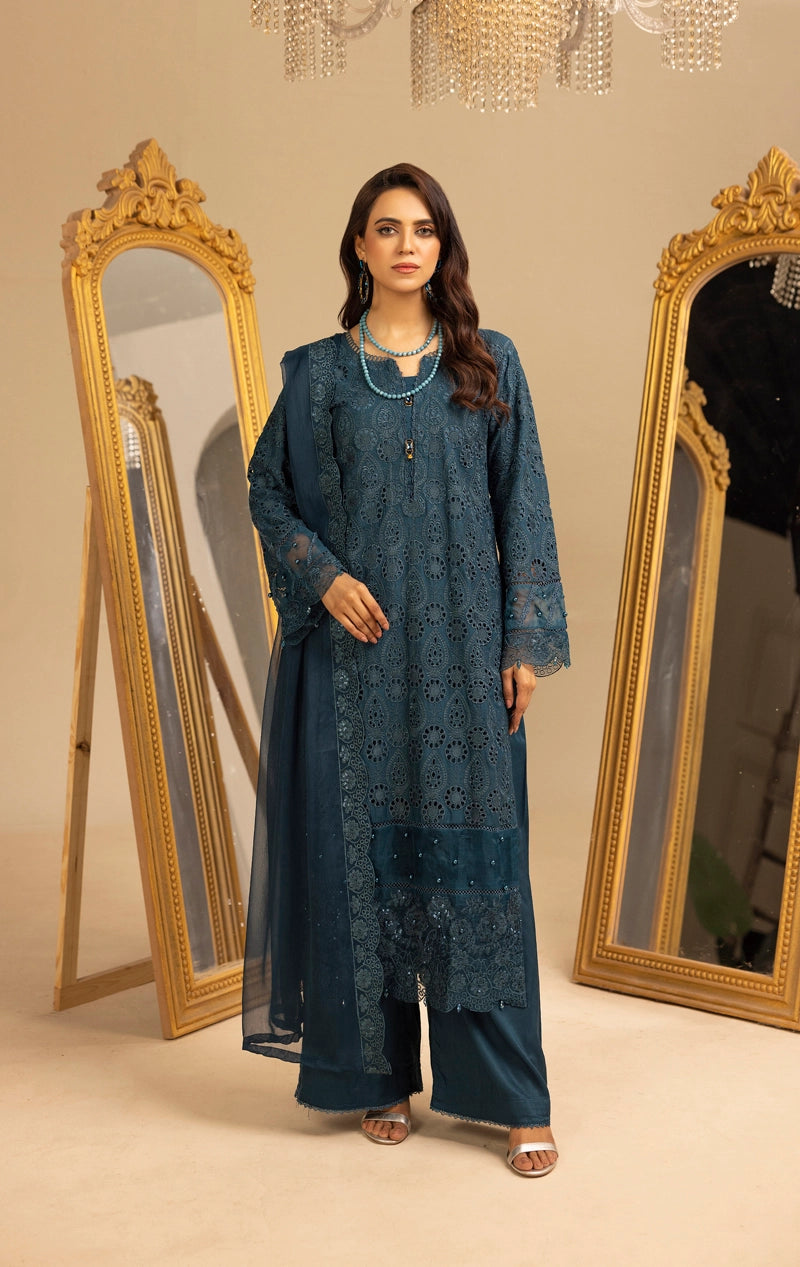 Image Chikan Kari Suit With Palazzo Trousers and Embroidered Chiffon Dupatta Teal - Desi Posh