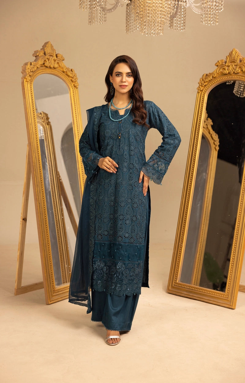 Image Chikan Kari Suit With Palazzo Trousers and Embroidered Chiffon Dupatta Teal - Desi Posh