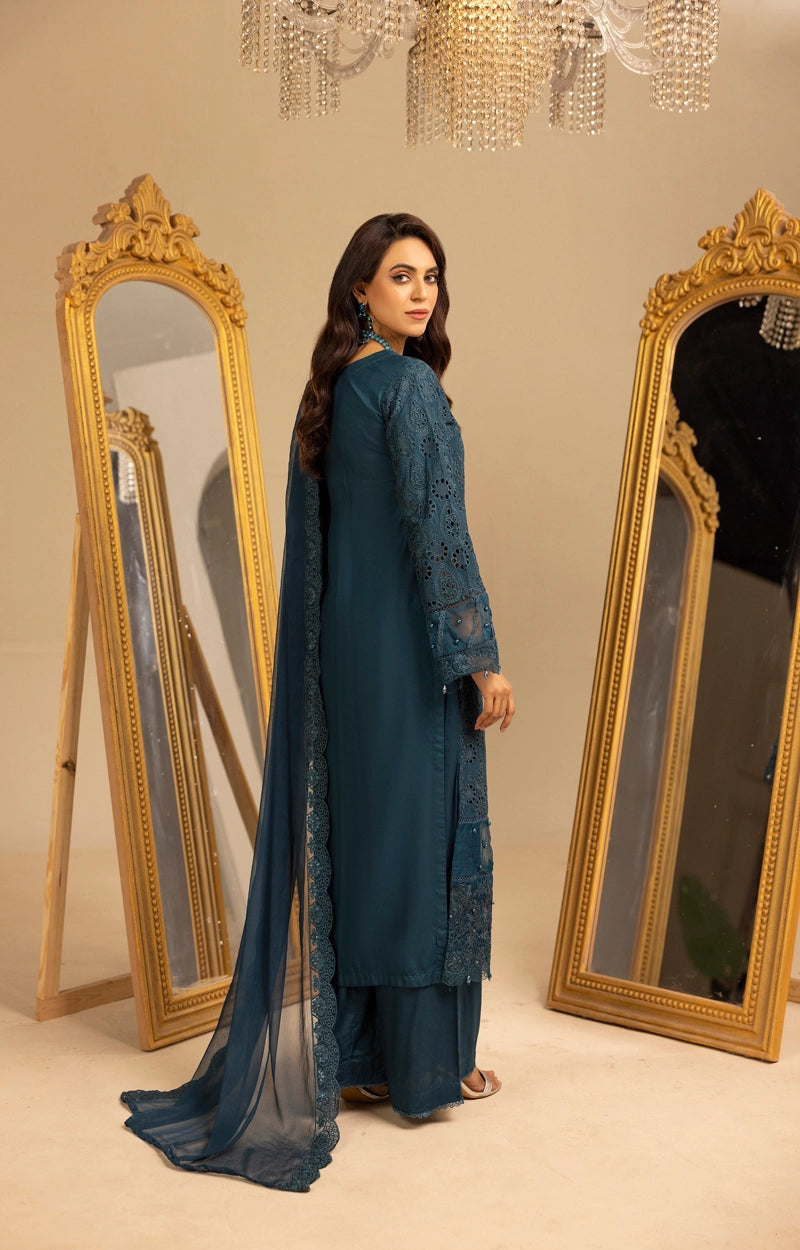 Image Chikan Kari Suit With Palazzo Trousers and Embroidered Chiffon Dupatta Teal - Desi Posh