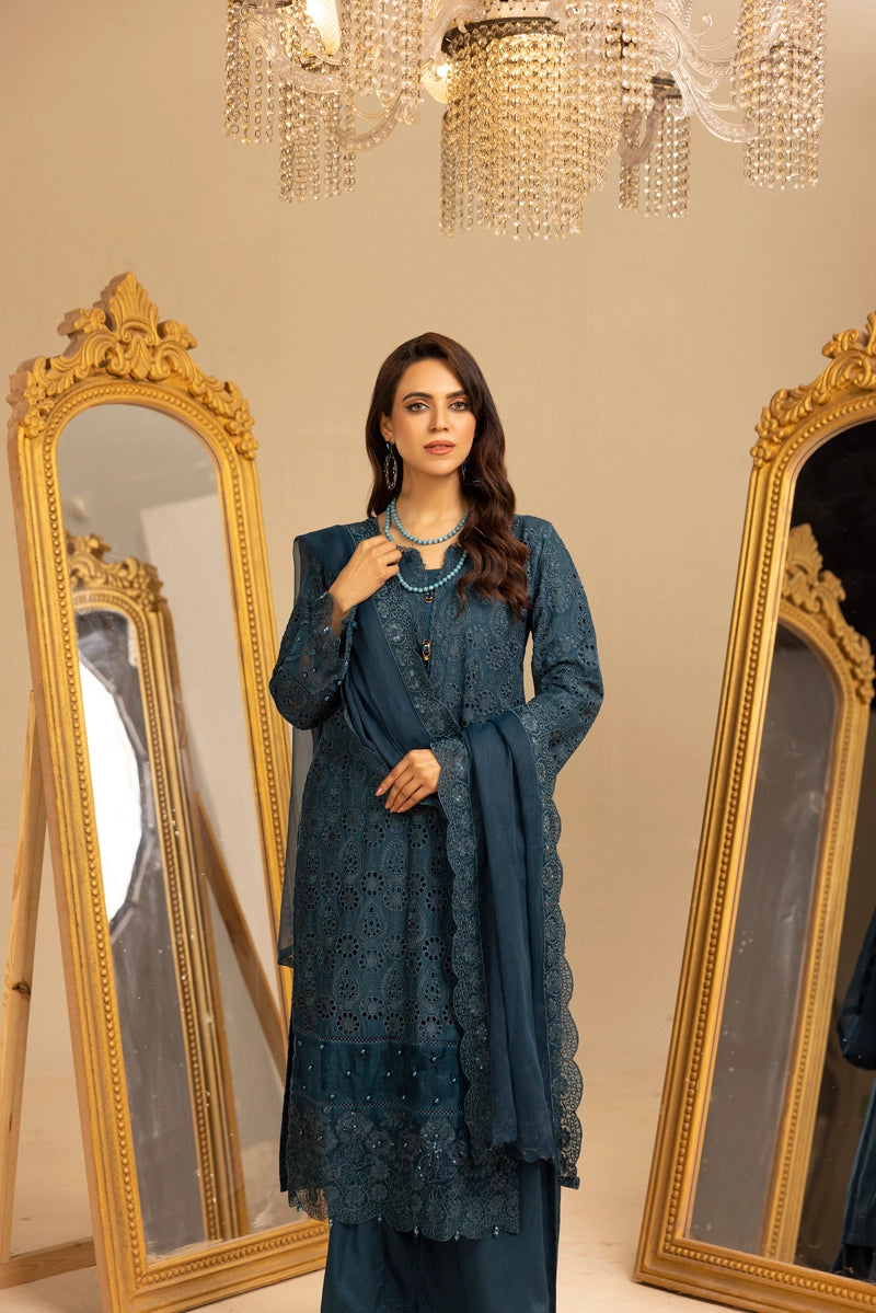 Image Chikan Kari Suit With Palazzo Trousers and Embroidered Chiffon Dupatta Teal - Desi Posh