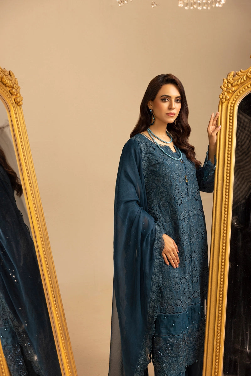Image Chikan Kari Suit With Palazzo Trousers and Embroidered Chiffon Dupatta Teal - Desi Posh