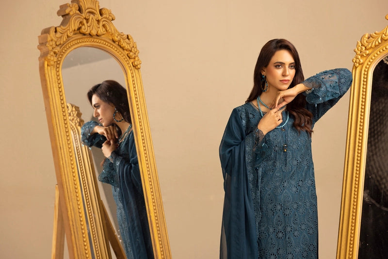 Image Chikan Kari Suit With Palazzo Trousers and Embroidered Chiffon Dupatta Teal - Desi Posh