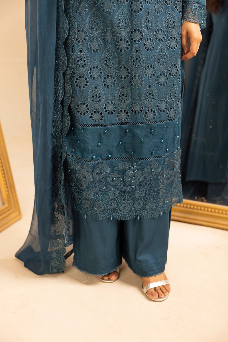 Image Chikan Kari Suit With Palazzo Trousers and Embroidered Chiffon Dupatta Teal - Desi Posh