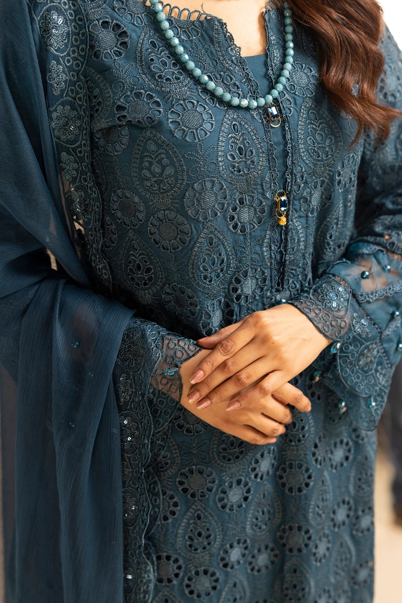 Image Chikan Kari Suit With Palazzo Trousers and Embroidered Chiffon Dupatta Teal - Desi Posh