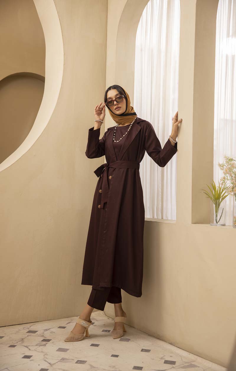 Modest Wear By Simrans 3 Piece Linen Outfit Brown DLC02 - Desi Posh