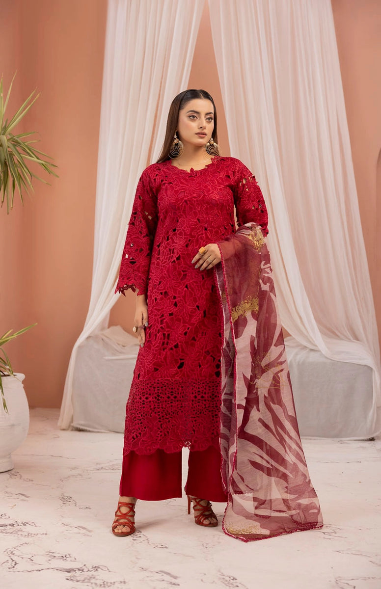 Red Rang Rang Rasiya Alaya Inspired Embroidered Red 3 Piece Outfitβ Desi Posh