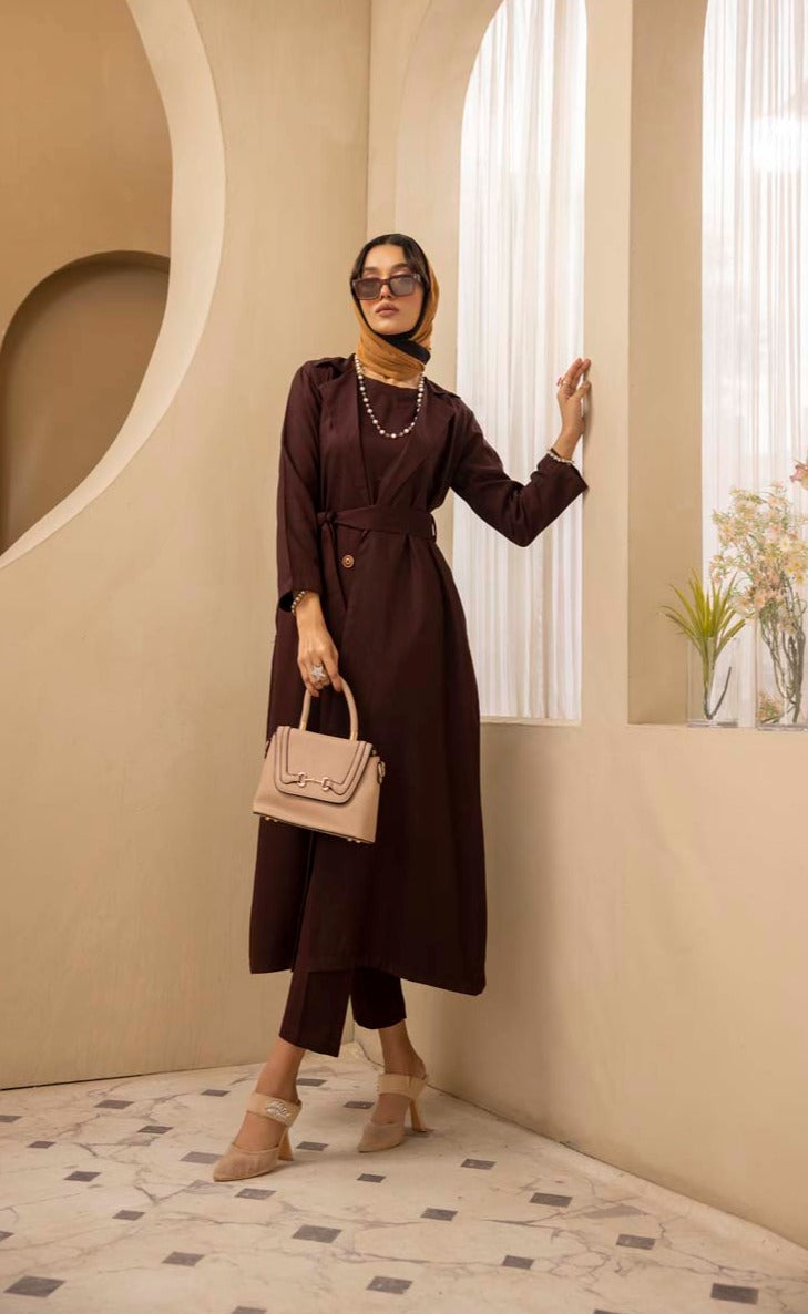 Modest Wear By Simrans 3 Piece Linen Outfit Brown DLC02 - Desi Posh