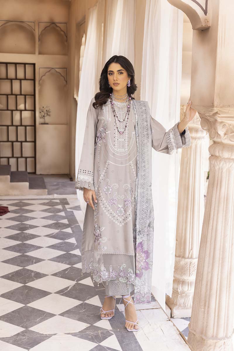 Chikan Kari Embroidered 3 Piece Eid Outfit With Net Dupatta Al606 - Desi Posh