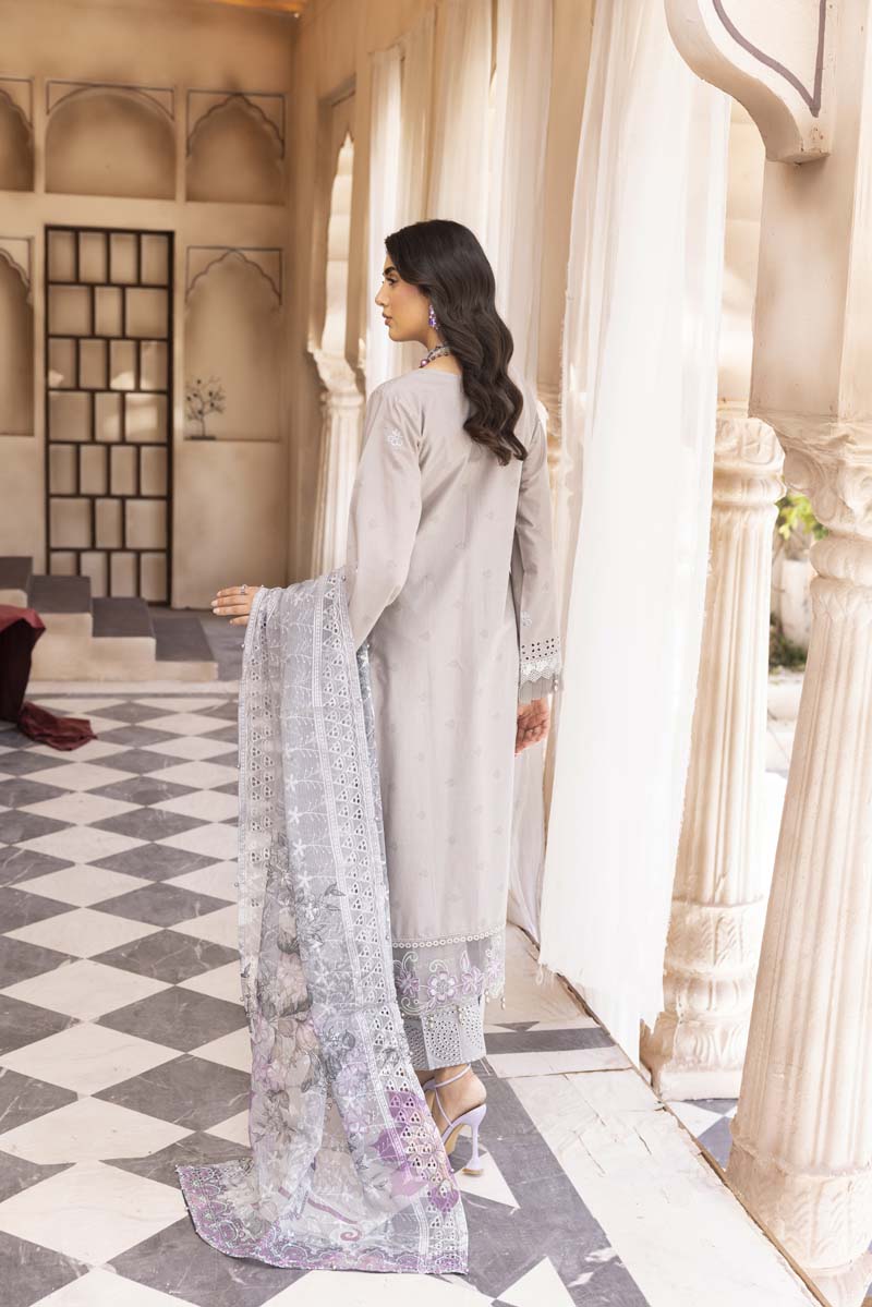 Chikan Kari Embroidered 3 Piece Eid Outfit With Net Dupatta Al606 - Desi Posh