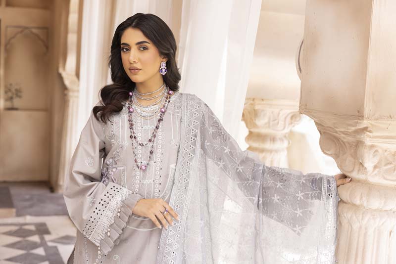 Chikan Kari Embroidered 3 Piece Eid Outfit With Net Dupatta Al606 - Desi Posh