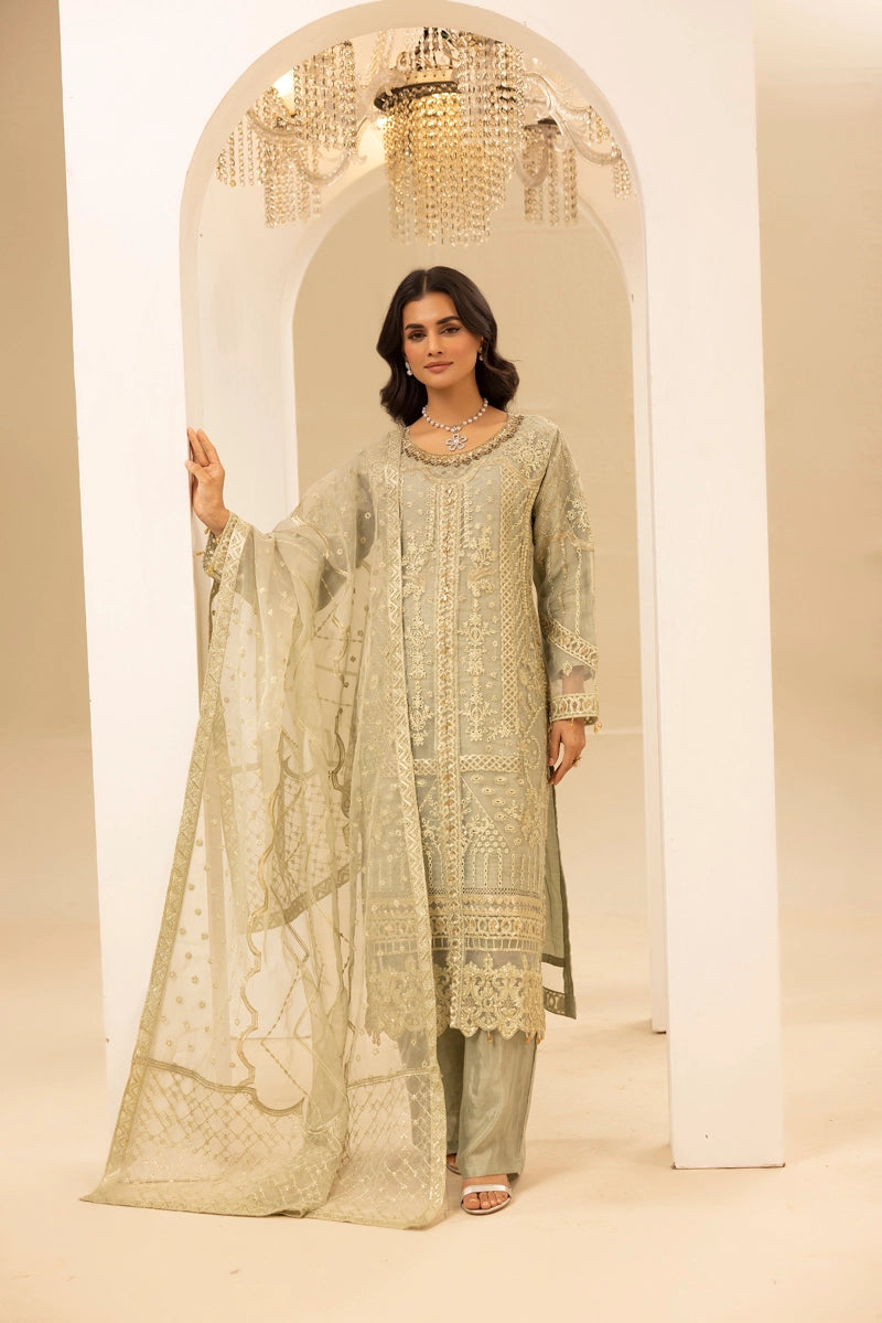 Qalamkar Premium Inspired Embroidered 3 Piece Organza Wedding Outfit Pastel Green - Desi Posh
