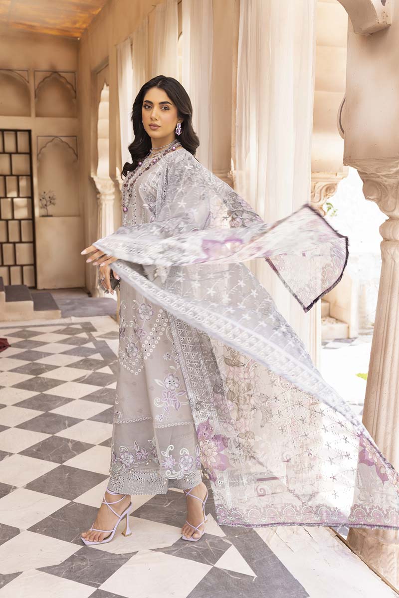 Chikan Kari Embroidered 3 Piece Eid Outfit With Net Dupatta Al606 - Desi Posh