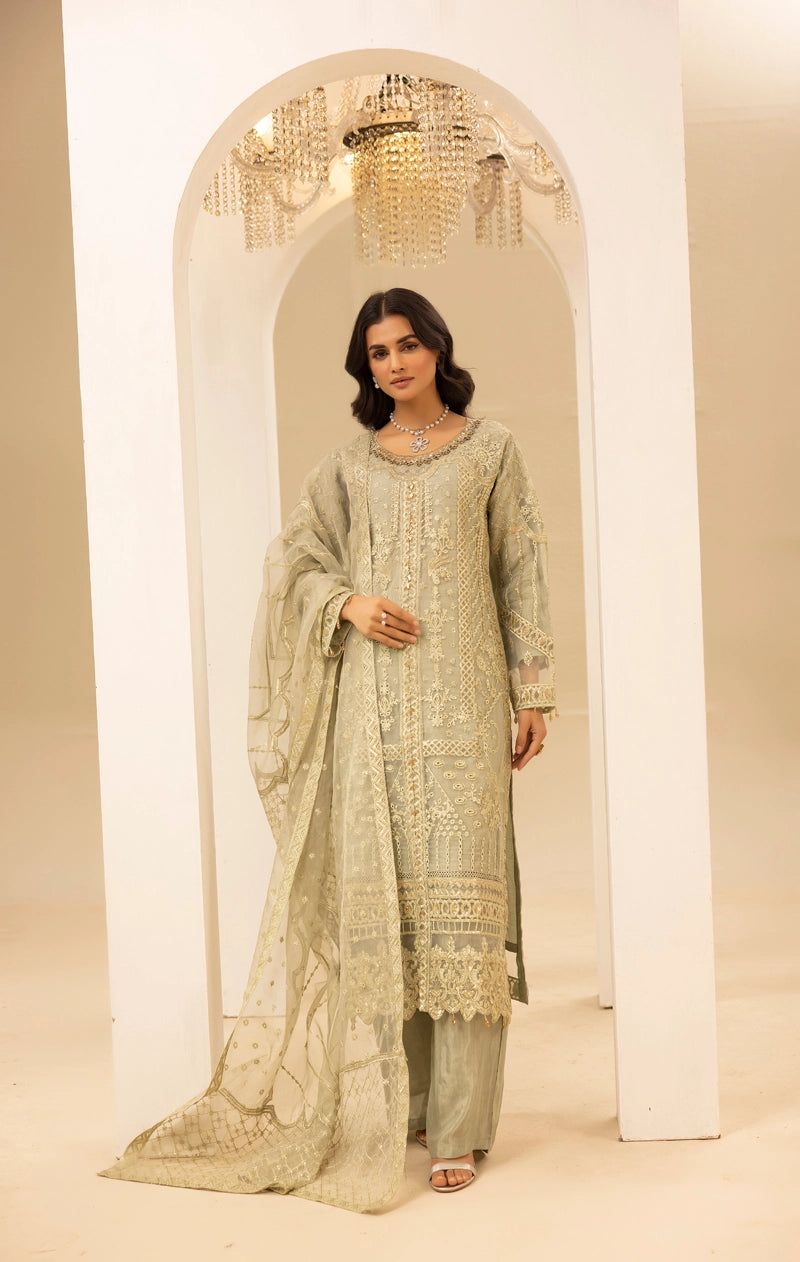 Qalamkar Premium Inspired Embroidered 3 Piece Organza Wedding Outfit Pastel Green - Desi Posh