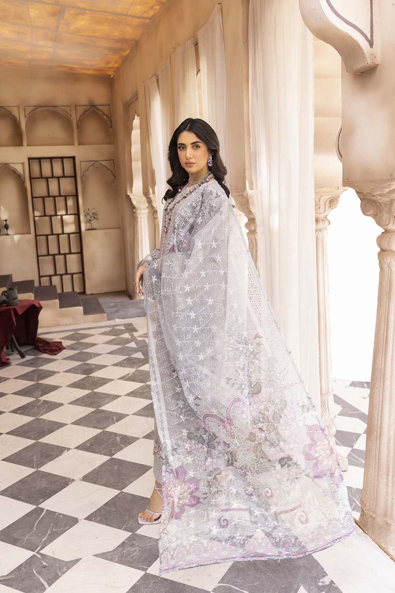 Chikan Kari Embroidered 3 Piece Eid Outfit With Net Dupatta Al606 - Desi Posh