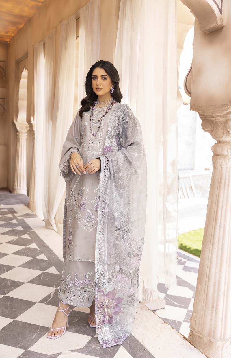 Chikan Kari Embroidered 3 Piece Eid Outfit With Net Dupatta Al606 - Desi Posh