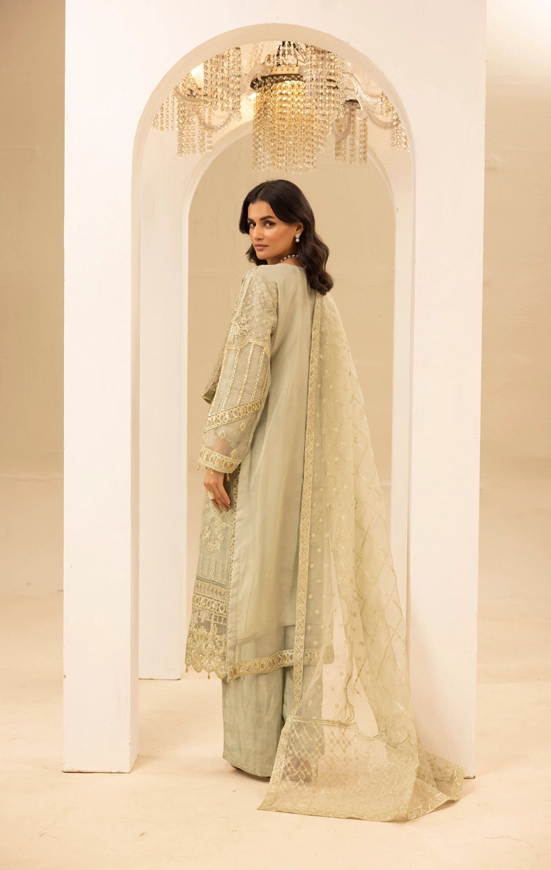 Qalamkar Premium Inspired Embroidered 3 Piece Organza Wedding Outfit Pastel Green - Desi Posh